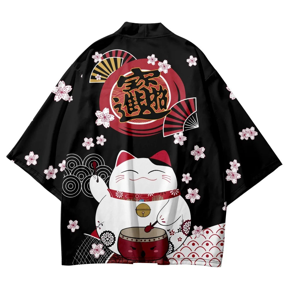 Japanese Sakura Cat Samurai Printed Kimono for Men Women, Haori Cardigan, Traditional Costume, Loose Short Sleeve Cloak, S-3XL