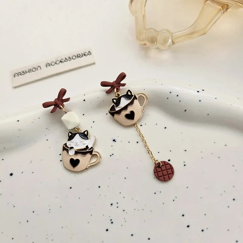 Pour a Little Joy into Your Day – Asymmetric Teacup Kitten Tassel Earrings for Playful Charm That Warms the Heart