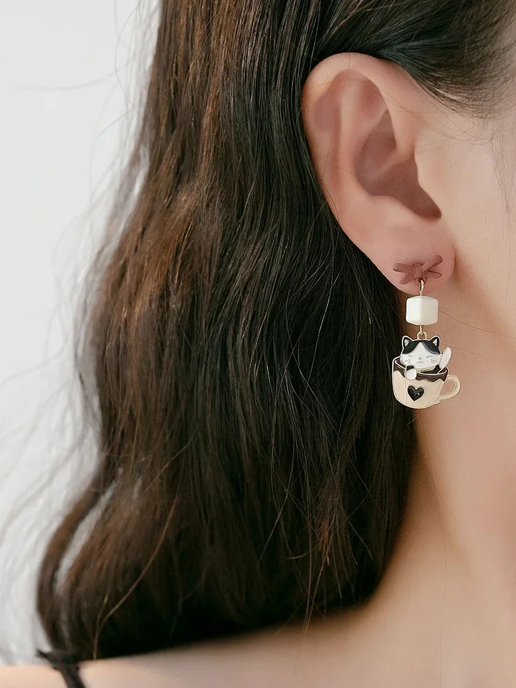 Pour a Little Joy into Your Day – Asymmetric Teacup Kitten Tassel Earrings for Playful Charm That Warms the Heart