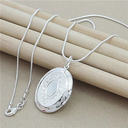 Silver Chain Necklace 925 Silver jewelry Round Photo Locket Pendant Necklace Charms Necklaces Snake Chain N313