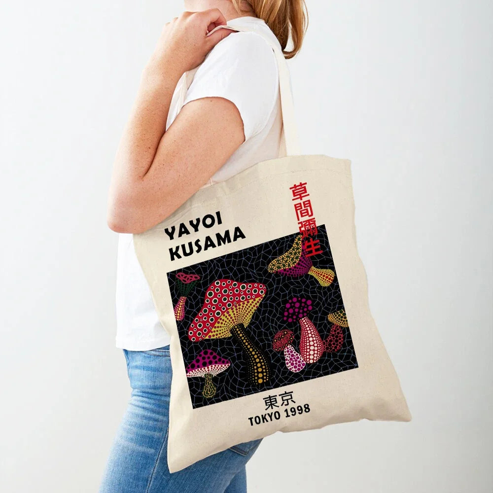 Yayoi Kusama Art Shopping Bags for Women Both Sided Japanese Abstract Casual Shopper Bag Lady Canvas Tote Travel Handbags