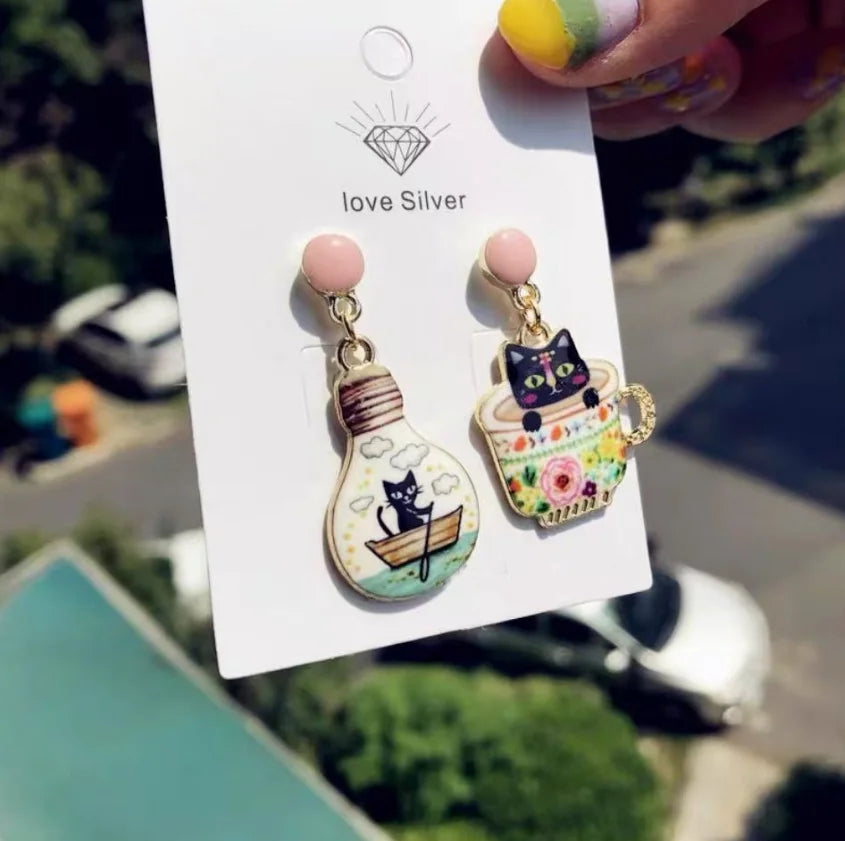 Poured to Purrfection – Sweet Cup Cat Earrings That Stir Joy with Every Swing