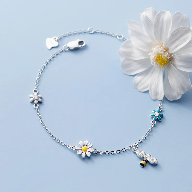 925 Silver Garden of Light – Sterling Silver Daisy & Bee Charm Bracelet That Dances with Every Move