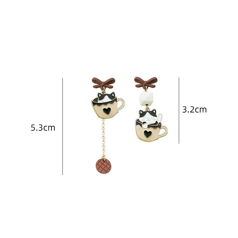 Pour a Little Joy into Your Day – Asymmetric Teacup Kitten Tassel Earrings for Playful Charm That Warms the Heart