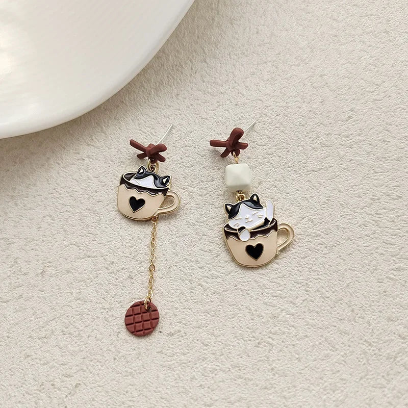 Pour a Little Joy into Your Day – Asymmetric Teacup Kitten Tassel Earrings for Playful Charm That Warms the Heart