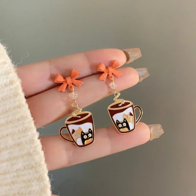 Pour a Little Joy into Your Day – Asymmetric Teacup Kitten Tassel Earrings for Playful Charm That Warms the Heart