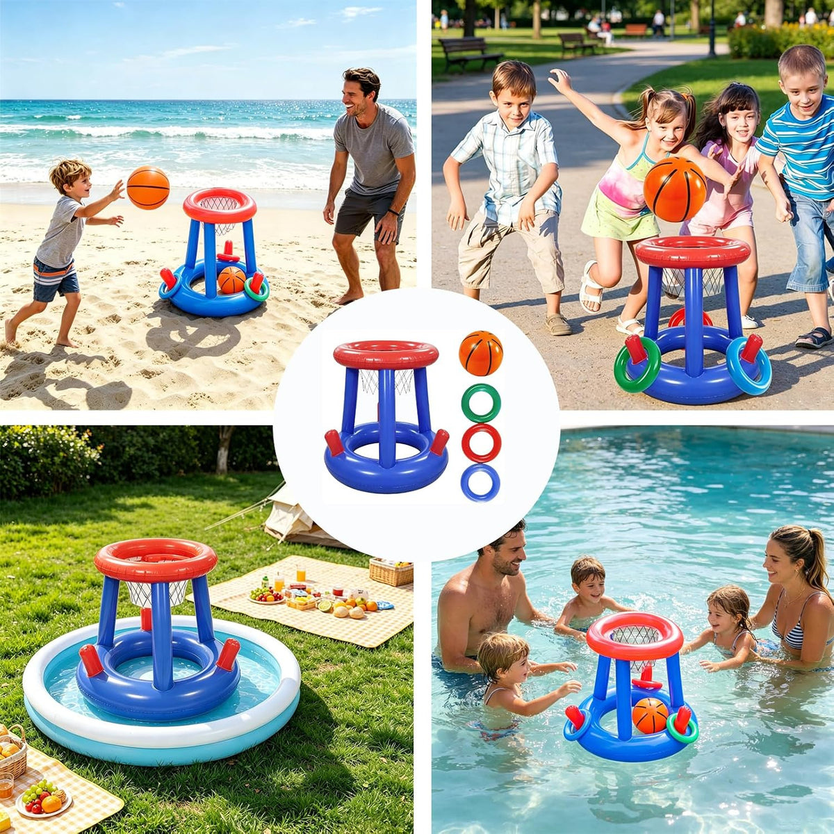 5-Piece Inflatable Pool Basketball Hoop Ring Toss Game Set with Basketball and 3 Rings, Floating Water Sport Toy for Intex above Ground Pools and Backyard Summer Parties