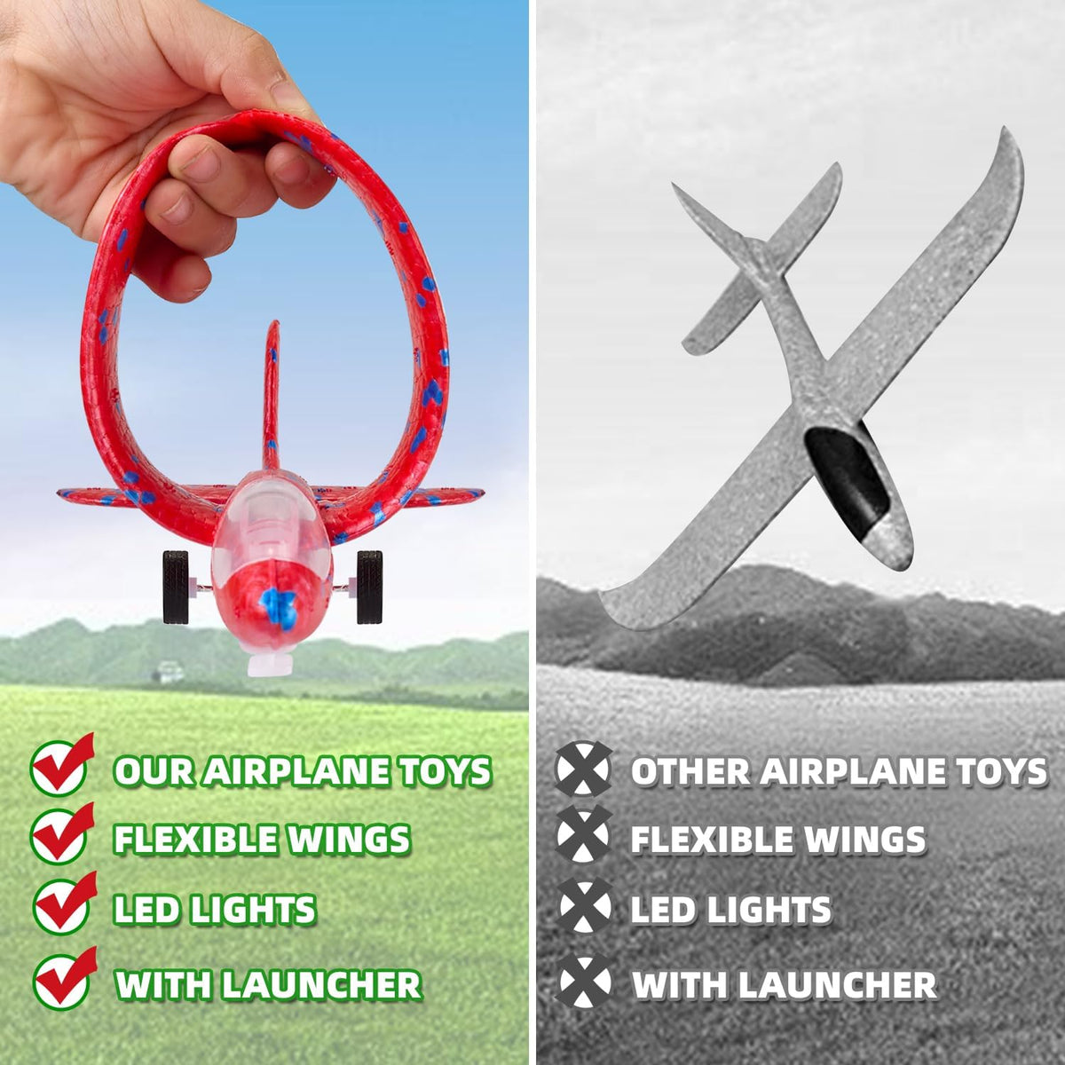 Toy Airplane, 3 Pack Airplane Launcher Toy 2 Flight Mode Glider LED Foam Glider Plane Outdoor Toys for Kids Ages 4 5 6 7 8 9 10 11 12 Year Old Boys Birthday Gift, Educational Flying Kids Toys