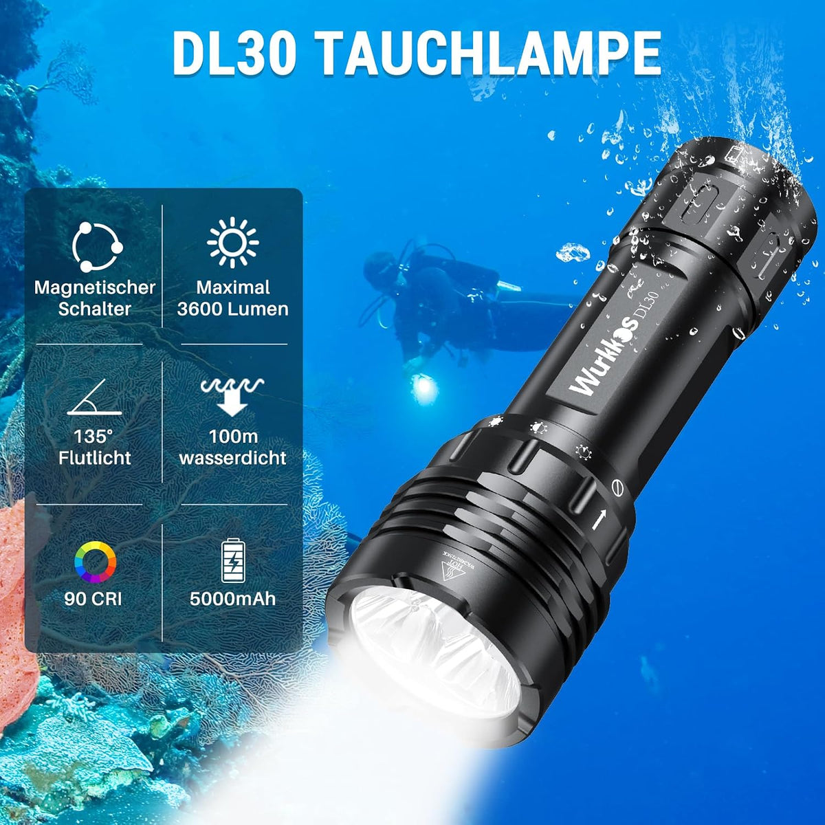 DL30 3600Lm Scuba Dive Light, IPX8, Magnetic Switch