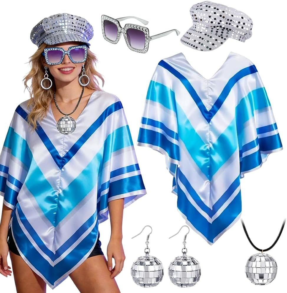 Abba Fancy Dress Costume, 5 Pcs Set Abba Outfits with Abba Pop Poncho Sequin Beret Hat Necklace Earrings Square Sunglasses, Retro Disco Set, 70S 80S Fancy Dress for Women