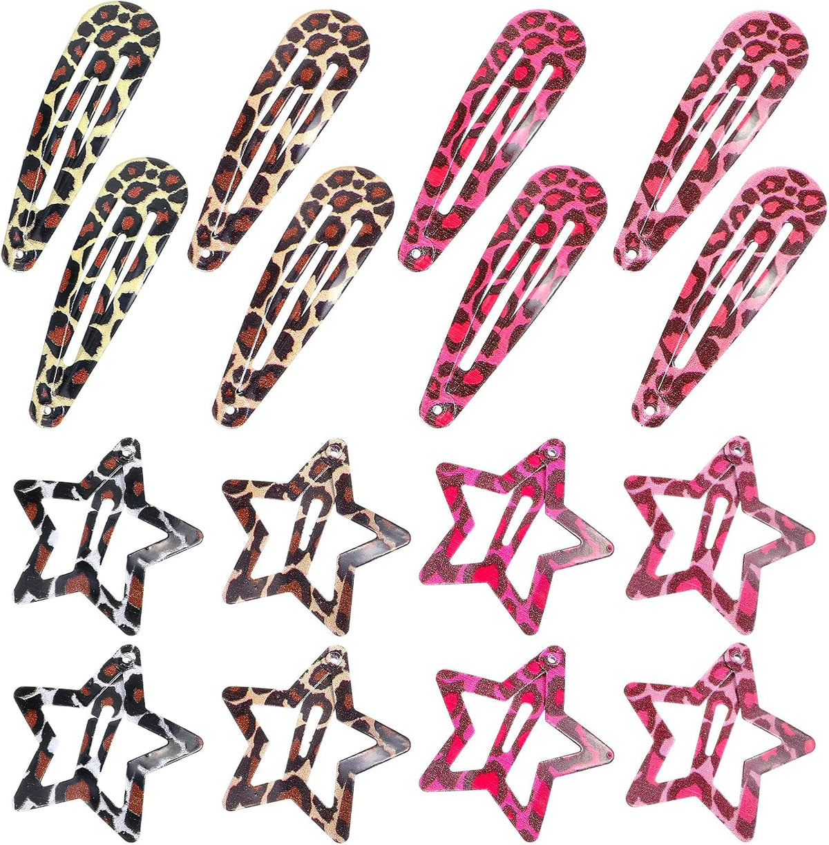 16Pcs Metal Snap Hair Clips, Pink Leopard Print Hair Barrettes, Star & Water Drop Hairs Clip Non-Slip 2000S Aesthetic Hairs Accessories for Women Girls Thick Thin Styling Decorations