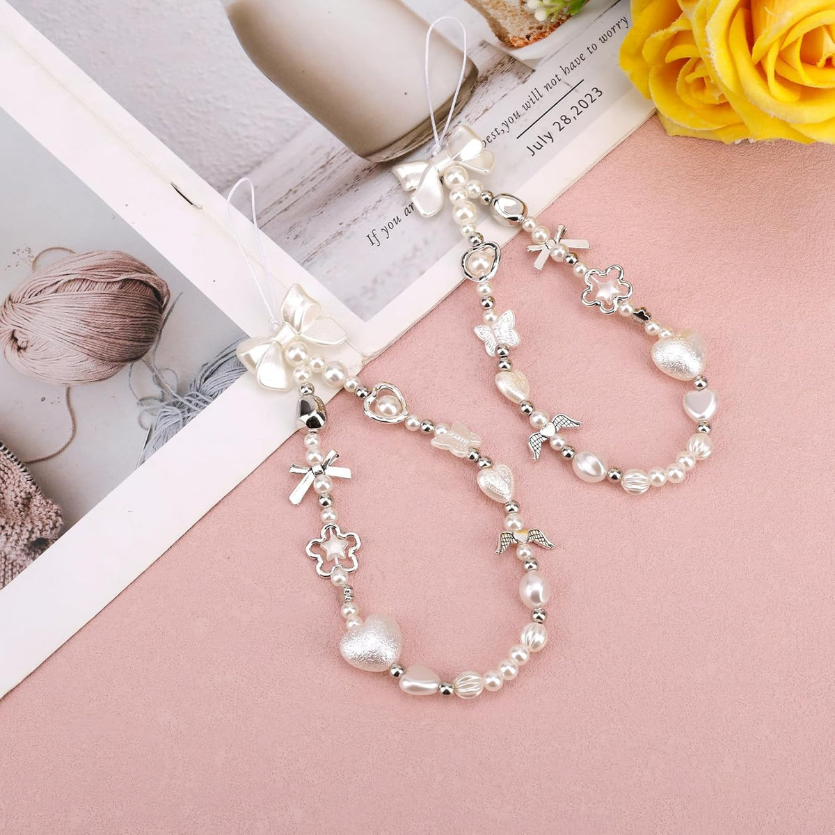 Y2K Bracelet with Keychain Charm Pearl Phone Hanging Rope Chain