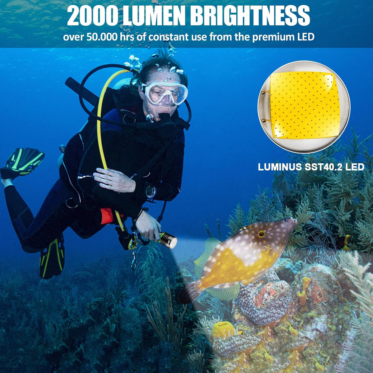 Diving Torch, 2000 Lm Battery Indicator Lockable Switch Dive Torch