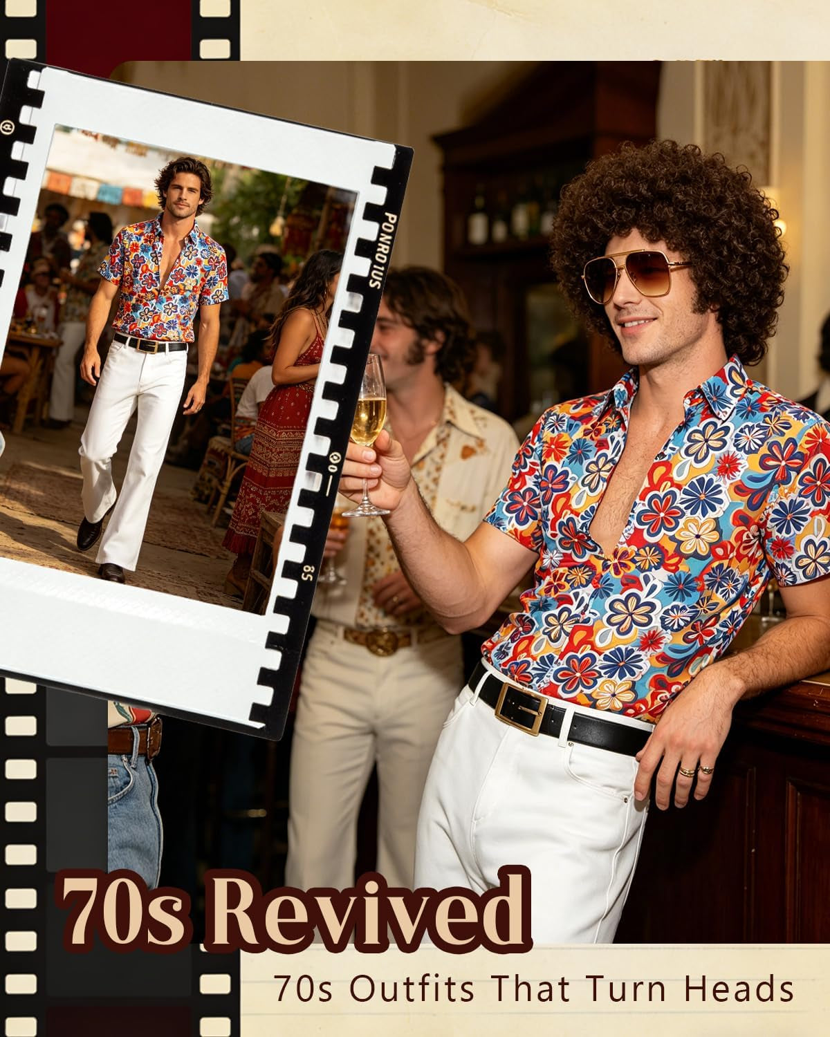 70S Fancy Dress Mens 5PCS 70S Shirts for Men with Disco Accessories Wig, Sunglasses, Fake Beard Disco Necklace, Abba Fancy Dress Costume Men Set for 60S 70S Party