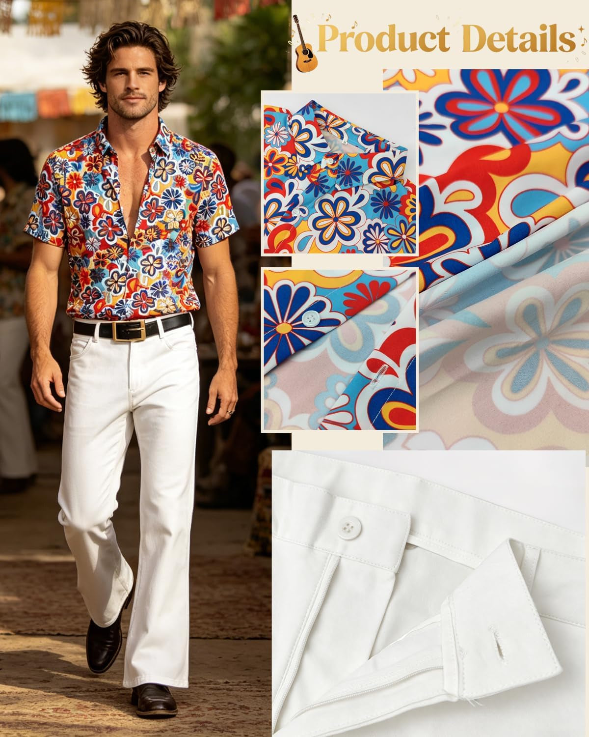 70S Fancy Dress Mens 5PCS 70S Shirts for Men with Disco Accessories Wig, Sunglasses, Fake Beard Disco Necklace, Abba Fancy Dress Costume Men Set for 60S 70S Party