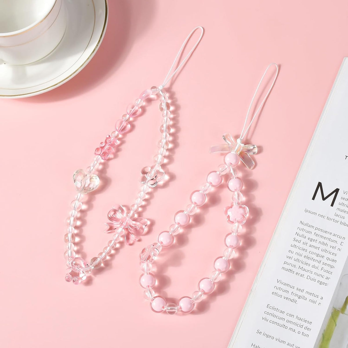 2 PCS Phone Charm Bracelet - Cute Y2K Cat Bow Heart Crystal Pearls Beaded Phone Strap Lanyard Aesthetic Chain Keychain Wrist Straps for Teen Girls Women