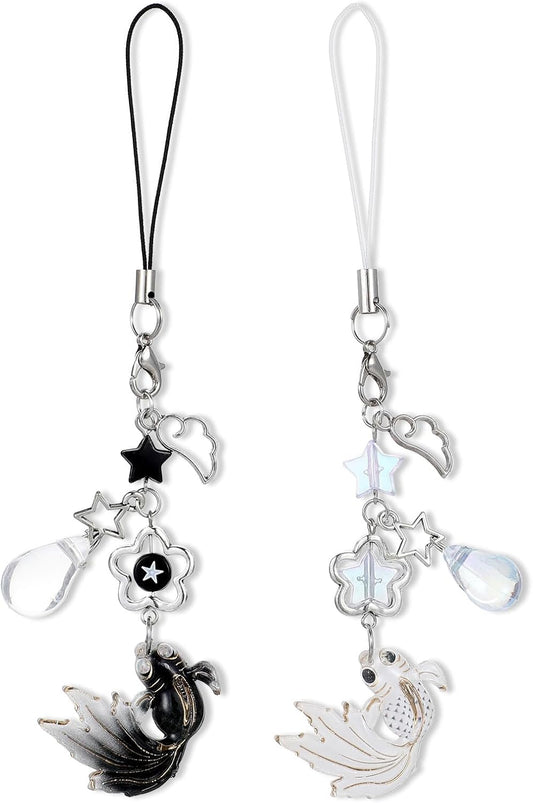 2Pcs Koi Fish Phone Charms, Aesthetic Fish Y2K Keychain, String Rope Charms for Phone Case Camera Bag, Water Drops Stars Wing Lanyard Strap Pendants Phones Decorations(Black+White)