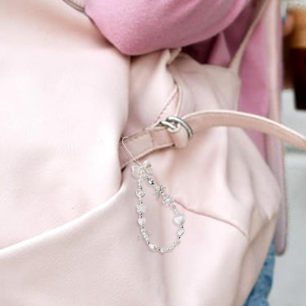 Y2K Bracelet with Keychain Charm Pearl Phone Hanging Rope Chain
