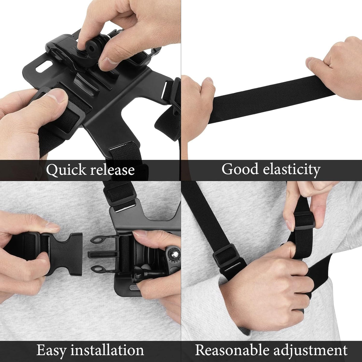 Chest Mount Strap, Adjustable Harness, Compatible with DJI Osmo Pocket 3, Action 6, 5 Pro, Osmo 360, Insta360 Acepro 2, X5, X4 Air, Hero 13, MAX 2 Action Camera Accessories (Black)