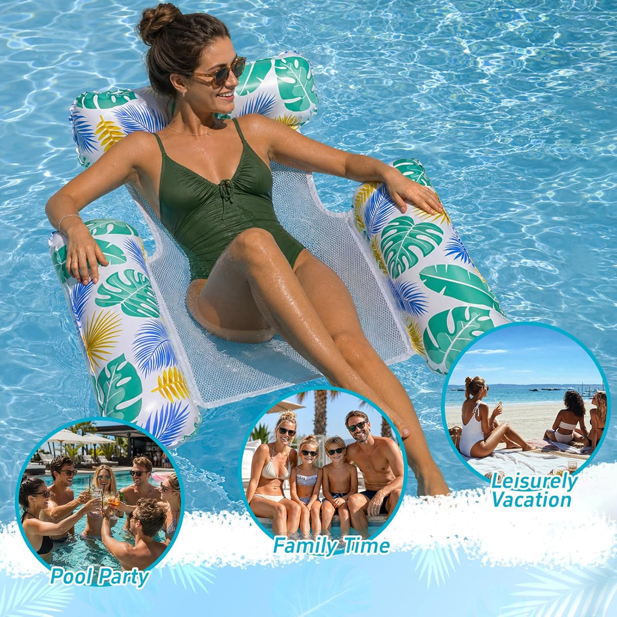 Pool Inflatables, 4 in 1 Inflatable Pool Floats Hammock, Swimming Inflatable Tanning Pool Toys Chair Water Hammock for Mattresses Seat Floating Mattress (2 Pack)