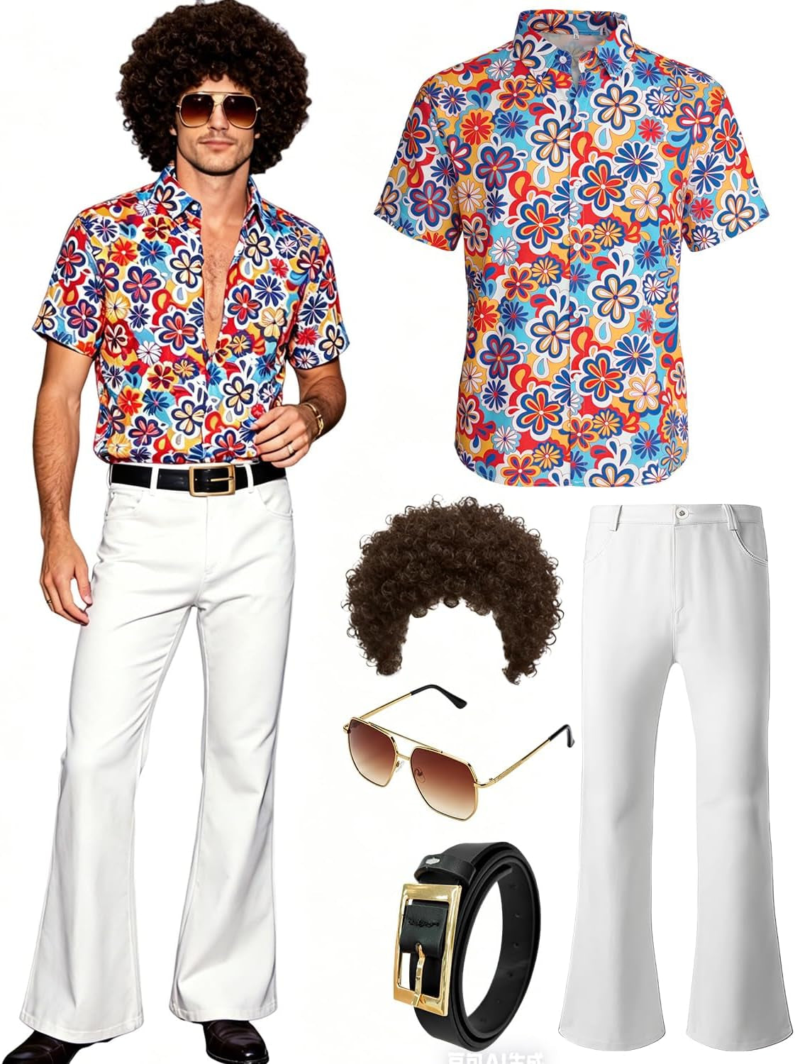 70S Fancy Dress Mens 5PCS 70S Shirts for Men with Disco Accessories Wig, Sunglasses, Fake Beard Disco Necklace, Abba Fancy Dress Costume Men Set for 60S 70S Party
