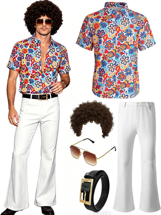 70S Fancy Dress Mens 5PCS 70S Shirts for Men with Disco Accessories Wig, Sunglasses, Fake Beard Disco Necklace, Abba Fancy Dress Costume Men Set for 60S 70S Party
