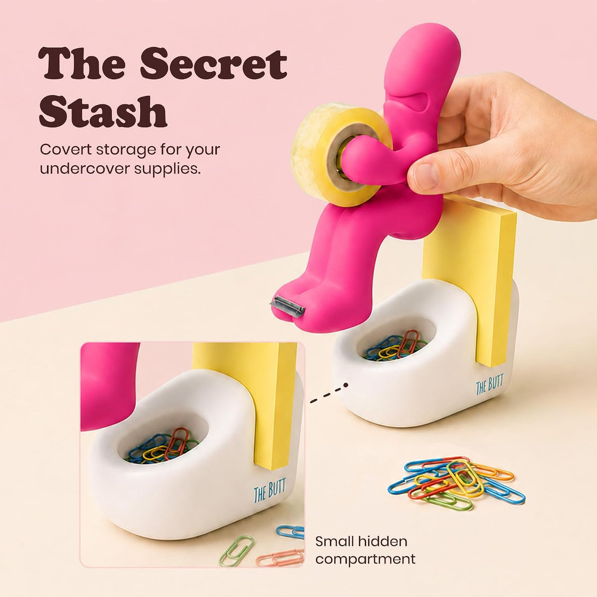 The Butt Tape Dispenser - Funny Gifts for Men, Women, Dad & Teacher - Novelty Desk Accessory & Stationery Organiser, Quirky Office Gadget & Gag Gift, Includes Tape, Pen & Paper Clips (Pink)