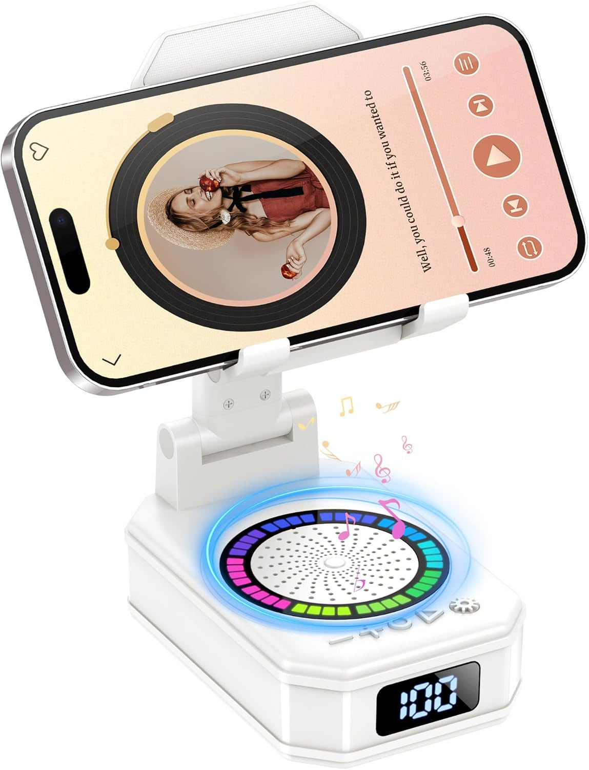 Gifts for Men Women, Phone Stand with Bluetooth Speaker, 4-In-1 Design with 7 RGB, Anti-Slip Base, Foldable Phone Charger Stand with Wireless Speaker, Perfect Tech Gadgets Gift for Mother'S Day, White