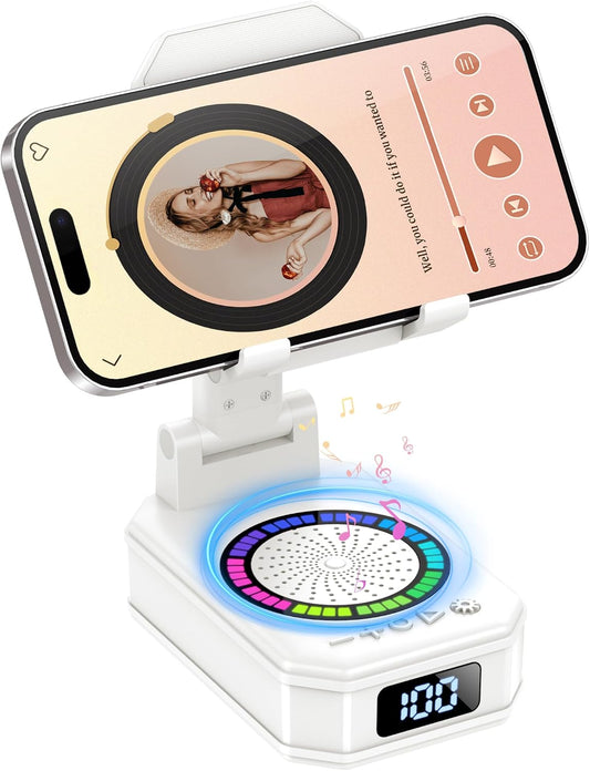 Gifts for Men Women, Phone Stand with Bluetooth Speaker, 4-In-1 Design with 7 RGB, Anti-Slip Base, Foldable Phone Charger Stand with Wireless Speaker, Perfect Tech Gadgets Gift for Mother'S Day, White