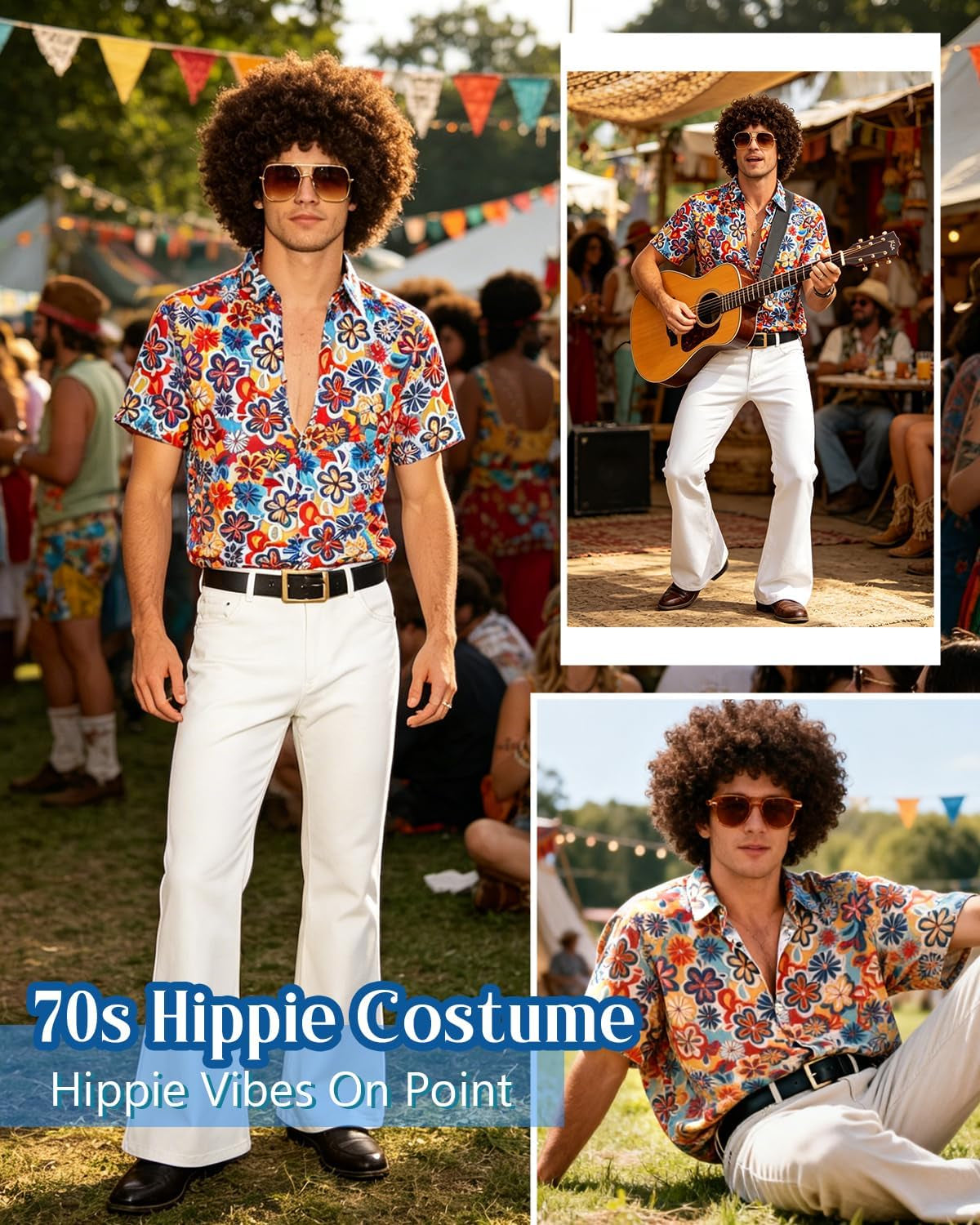 70S Fancy Dress Mens 5PCS 70S Shirts for Men with Disco Accessories Wig, Sunglasses, Fake Beard Disco Necklace, Abba Fancy Dress Costume Men Set for 60S 70S Party