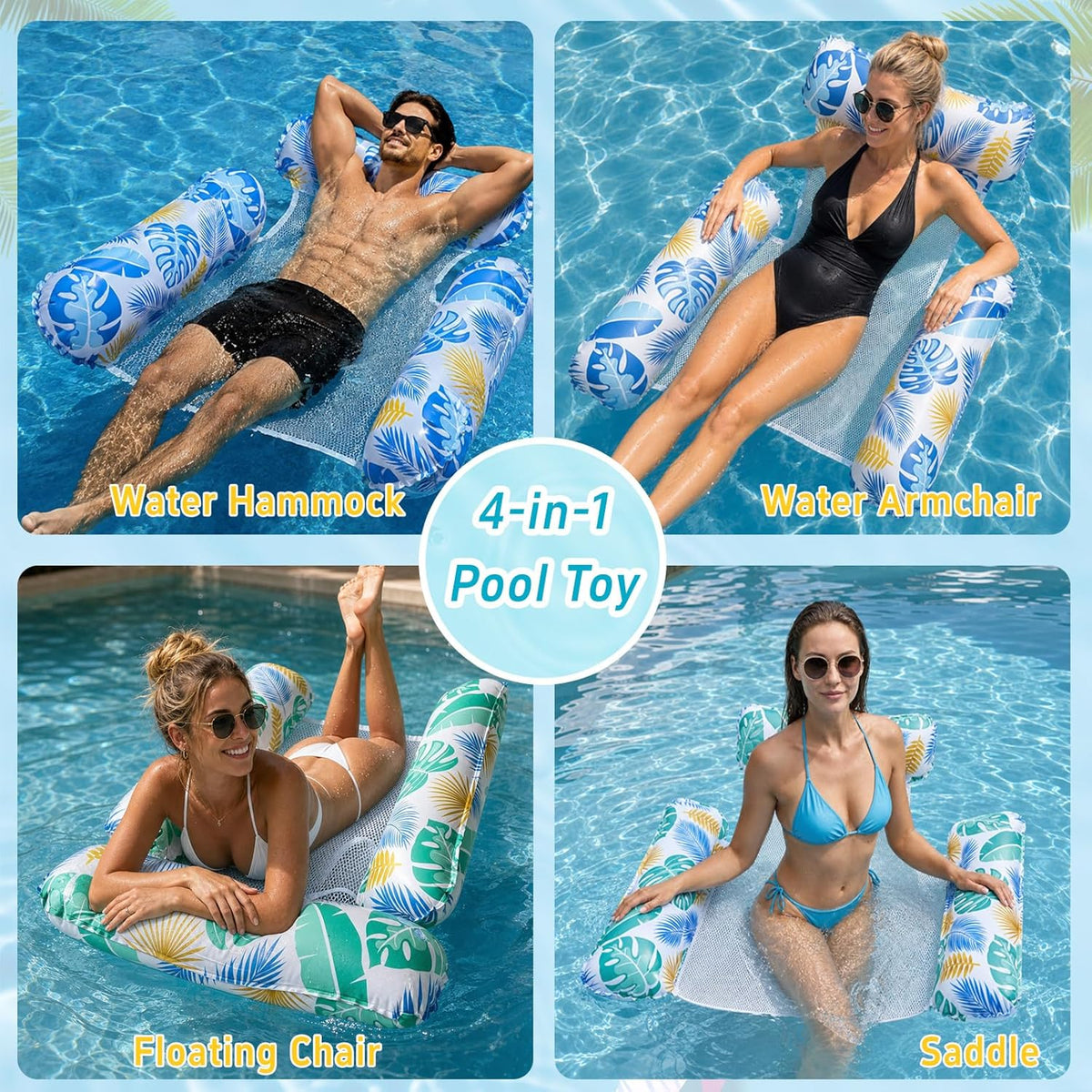 Pool Inflatables, 4 in 1 Inflatable Pool Floats Hammock, Swimming Inflatable Tanning Pool Toys Chair Water Hammock for Mattresses Seat Floating Mattress (2 Pack)