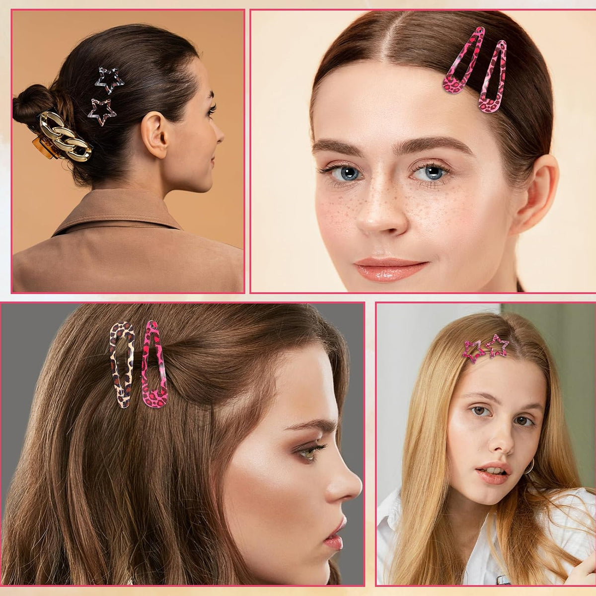 16Pcs Metal Snap Hair Clips, Pink Leopard Print Hair Barrettes, Star & Water Drop Hairs Clip Non-Slip 2000S Aesthetic Hairs Accessories for Women Girls Thick Thin Styling Decorations