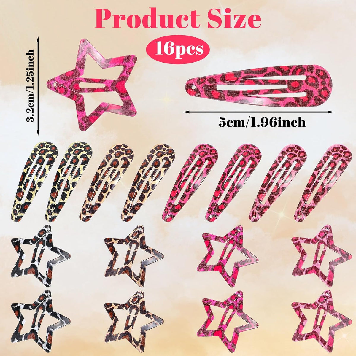 16Pcs Metal Snap Hair Clips, Pink Leopard Print Hair Barrettes, Star & Water Drop Hairs Clip Non-Slip 2000S Aesthetic Hairs Accessories for Women Girls Thick Thin Styling Decorations