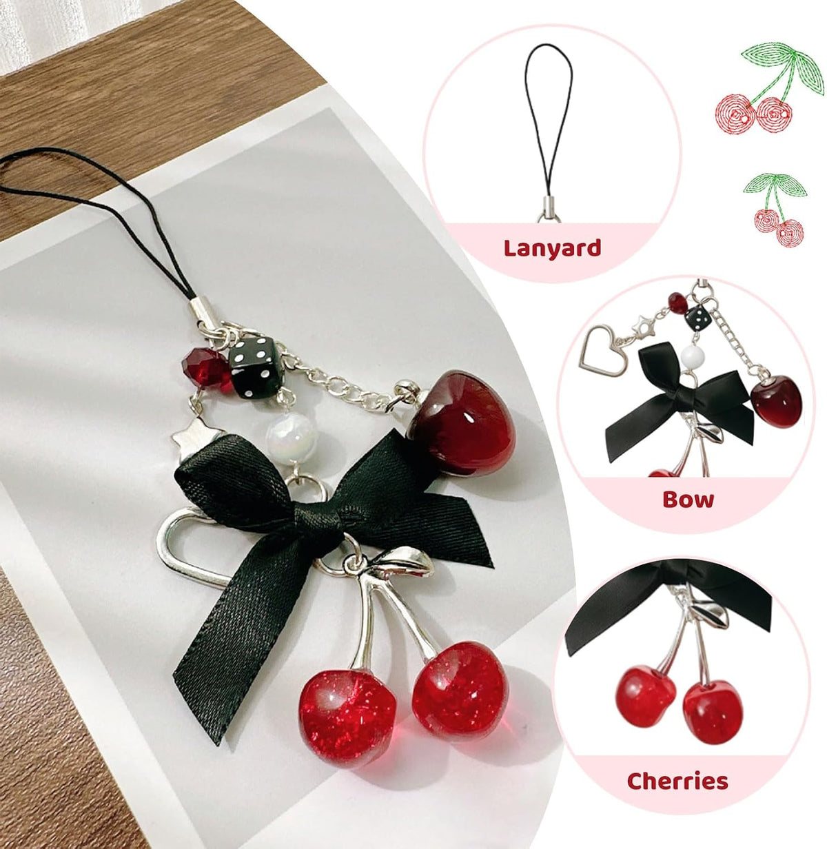 Phone Charm Strap, Cute Cherry Handphone Straps, Aesthetic Pink-Red-Black Blueberry Phone Chain, Y2K Accessories for Camera Keychain Bag Charm Decor Present