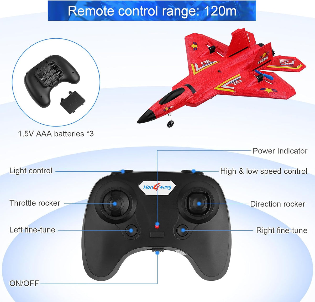 RC Plane F22 Remote Control Plane with 3 Batteries, 2.4Ghz Remote Control Airplane Fighter Toys RC Glider Easy to Fly for Kids Beginners Adults USB Charging (Red)
