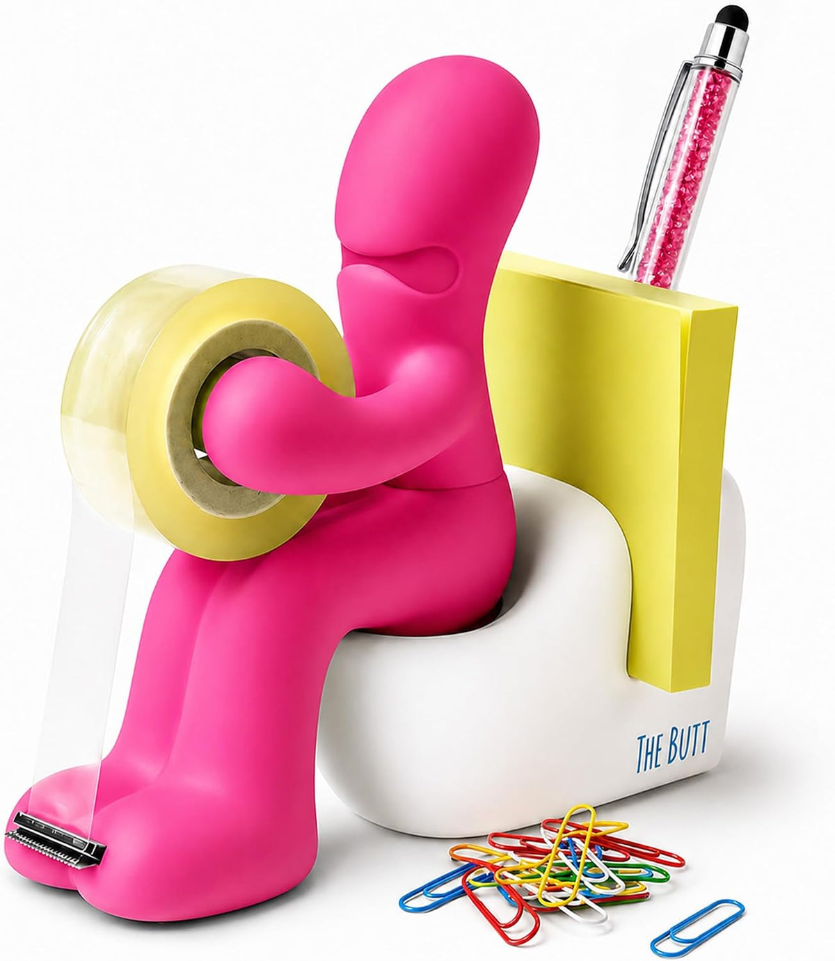 The Butt Tape Dispenser - Funny Gifts for Men, Women, Dad & Teacher - Novelty Desk Accessory & Stationery Organiser, Quirky Office Gadget & Gag Gift, Includes Tape, Pen & Paper Clips (Pink)