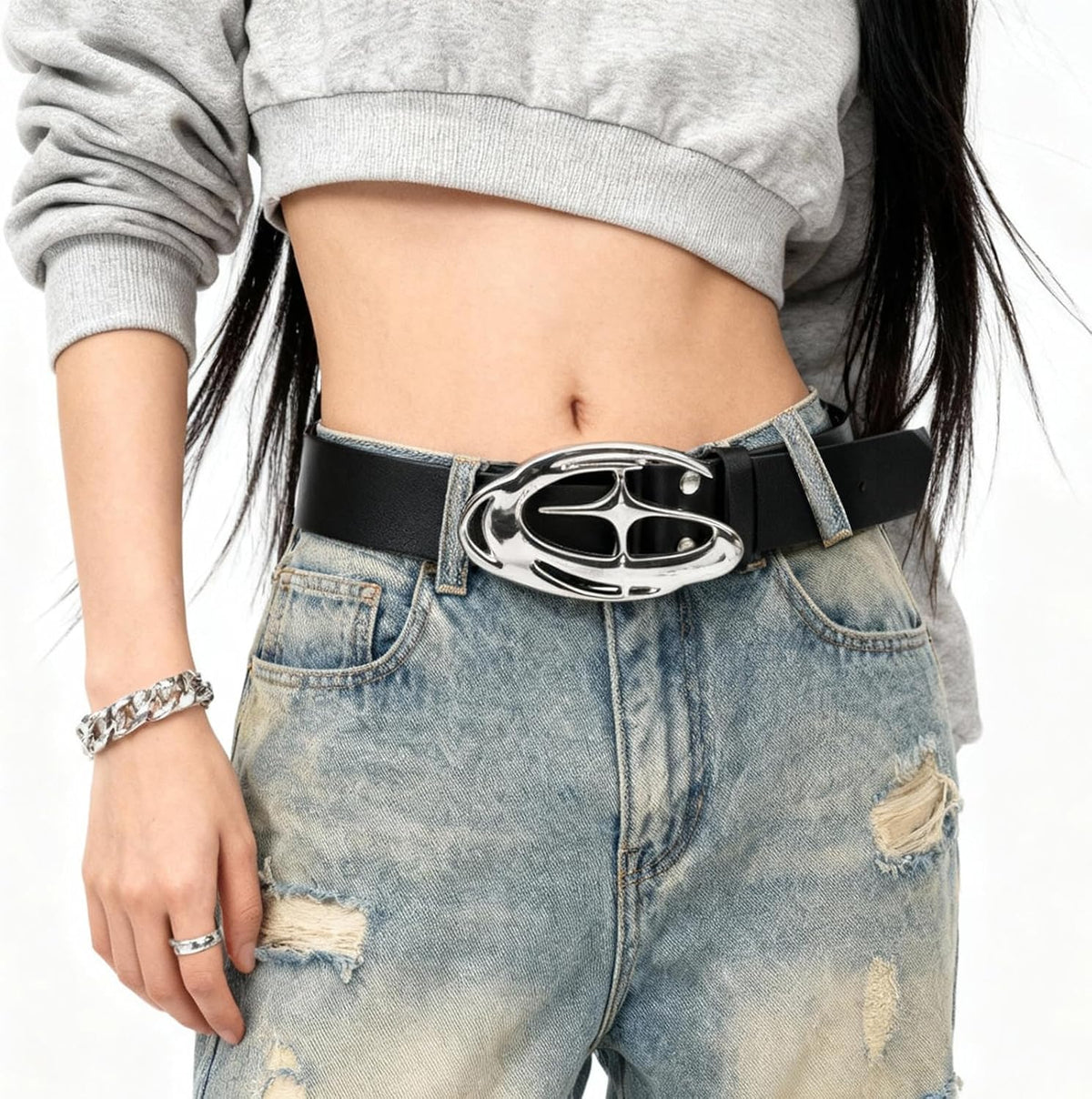 Y2K Belt, Goth Double Grommet Belt Faux Leather Punk Rock Belts for Men and Women, Y2K Fashion Accessories Bling Leather Belts with Cross and Diamond for Jeans