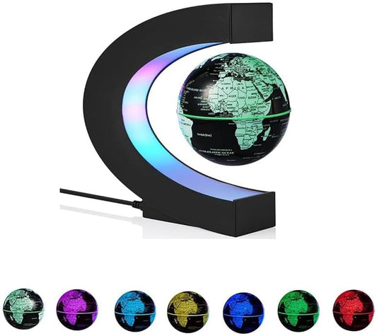 Levitating Globe C Shape, Floating and Rotating World Map Globe with Colored LED Light, Cool Geographic Globe anti Gravity, Earth Demo, Home Decor Gadget Gift, Black