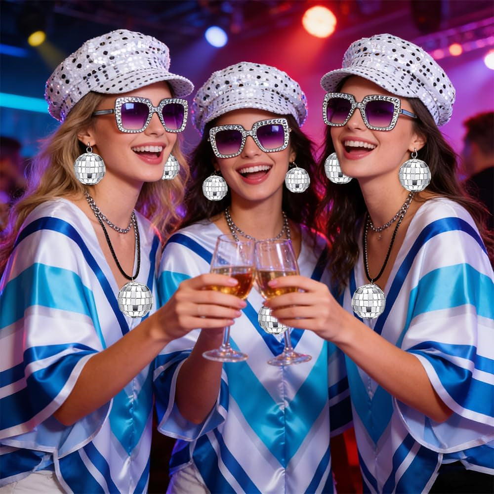 Abba Fancy Dress Costume, 5 Pcs Set Abba Outfits with Abba Pop Poncho Sequin Beret Hat Necklace Earrings Square Sunglasses, Retro Disco Set, 70S 80S Fancy Dress for Women