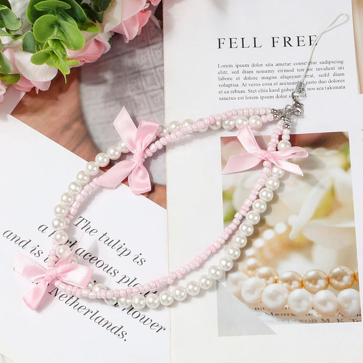 Phone Charm Bracelet - Cute Bowknot Chain Pearl Beaded Aesthetic Universal Cell Phone Lanyard Wrist Strap Keychain Accessories for Bag Camera Pendants Decor