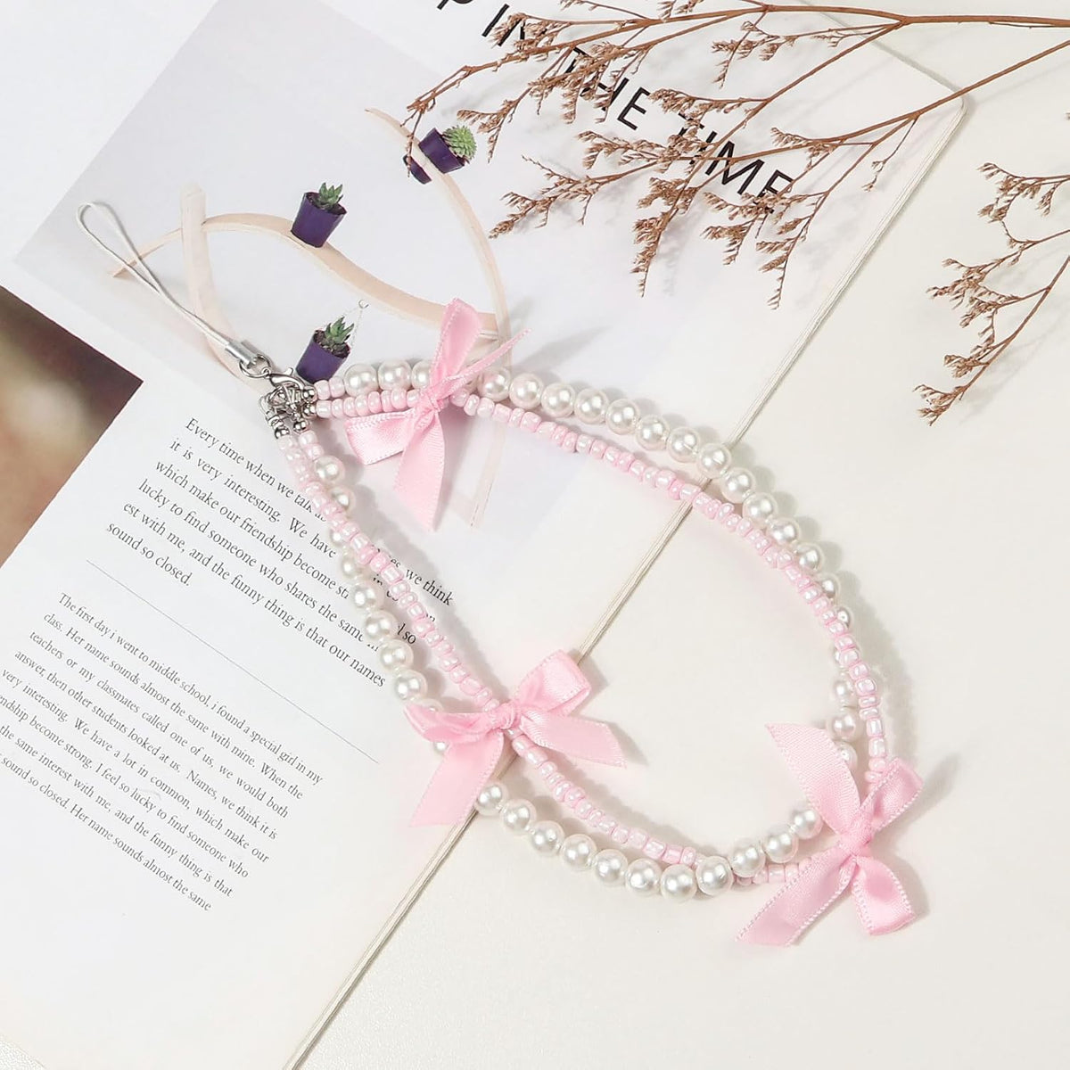 Phone Charm Bracelet - Cute Bowknot Chain Pearl Beaded Aesthetic Universal Cell Phone Lanyard Wrist Strap Keychain Accessories for Bag Camera Pendants Decor