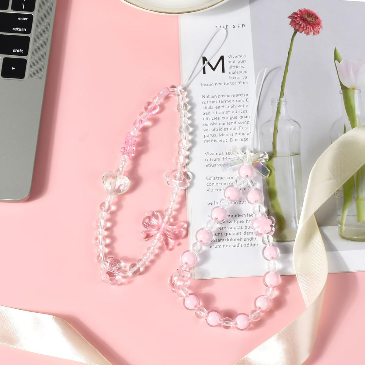 2 PCS Phone Charm Bracelet - Cute Y2K Cat Bow Heart Crystal Pearls Beaded Phone Strap Lanyard Aesthetic Chain Keychain Wrist Straps for Teen Girls Women