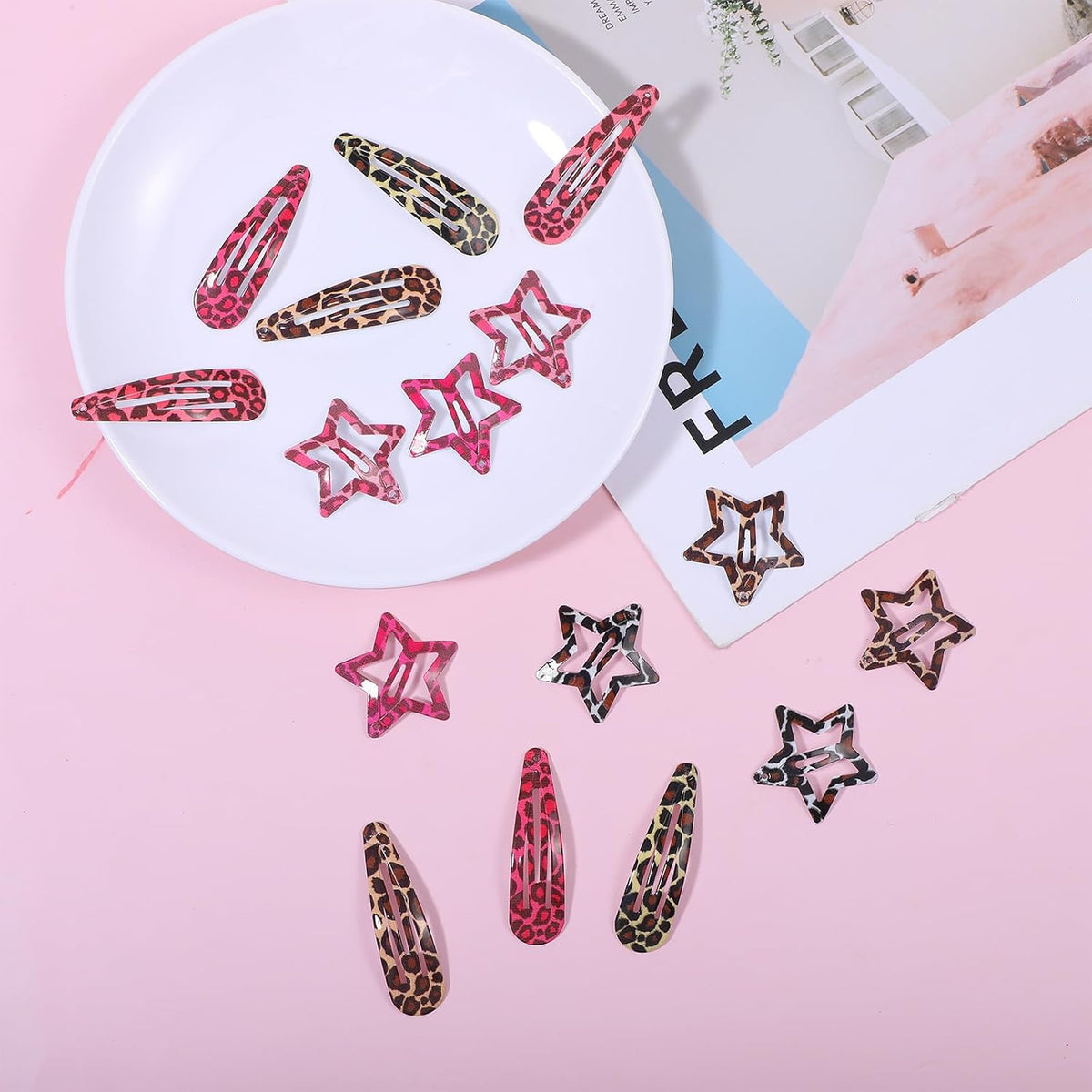 16Pcs Metal Snap Hair Clips, Pink Leopard Print Hair Barrettes, Star & Water Drop Hairs Clip Non-Slip 2000S Aesthetic Hairs Accessories for Women Girls Thick Thin Styling Decorations