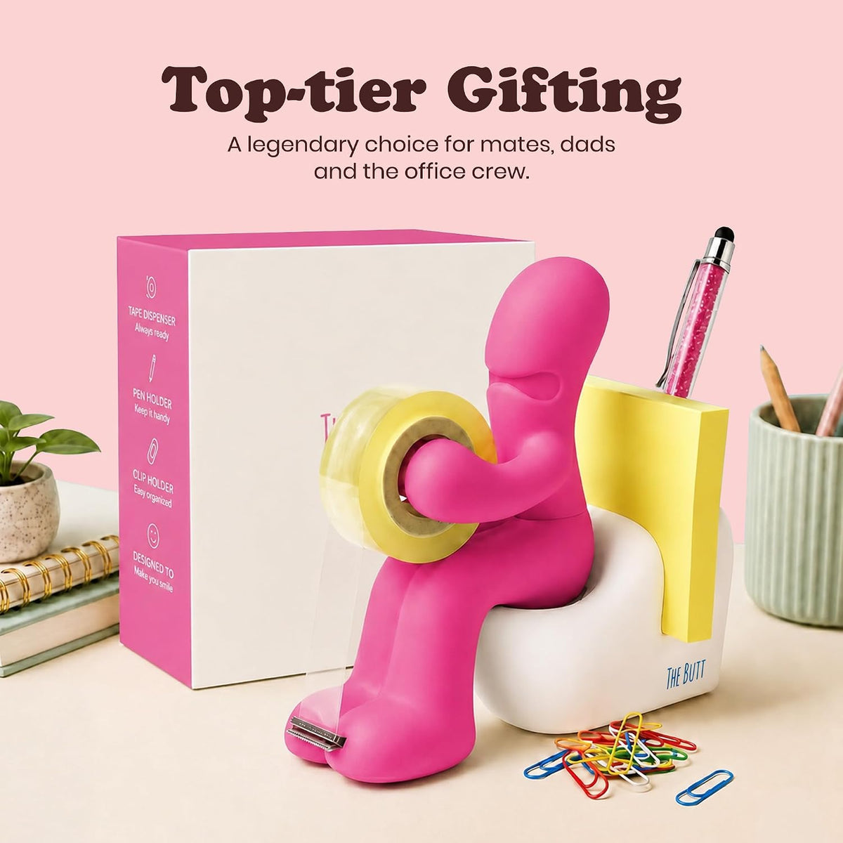 The Butt Tape Dispenser - Funny Gifts for Men, Women, Dad & Teacher - Novelty Desk Accessory & Stationery Organiser, Quirky Office Gadget & Gag Gift, Includes Tape, Pen & Paper Clips (Pink)