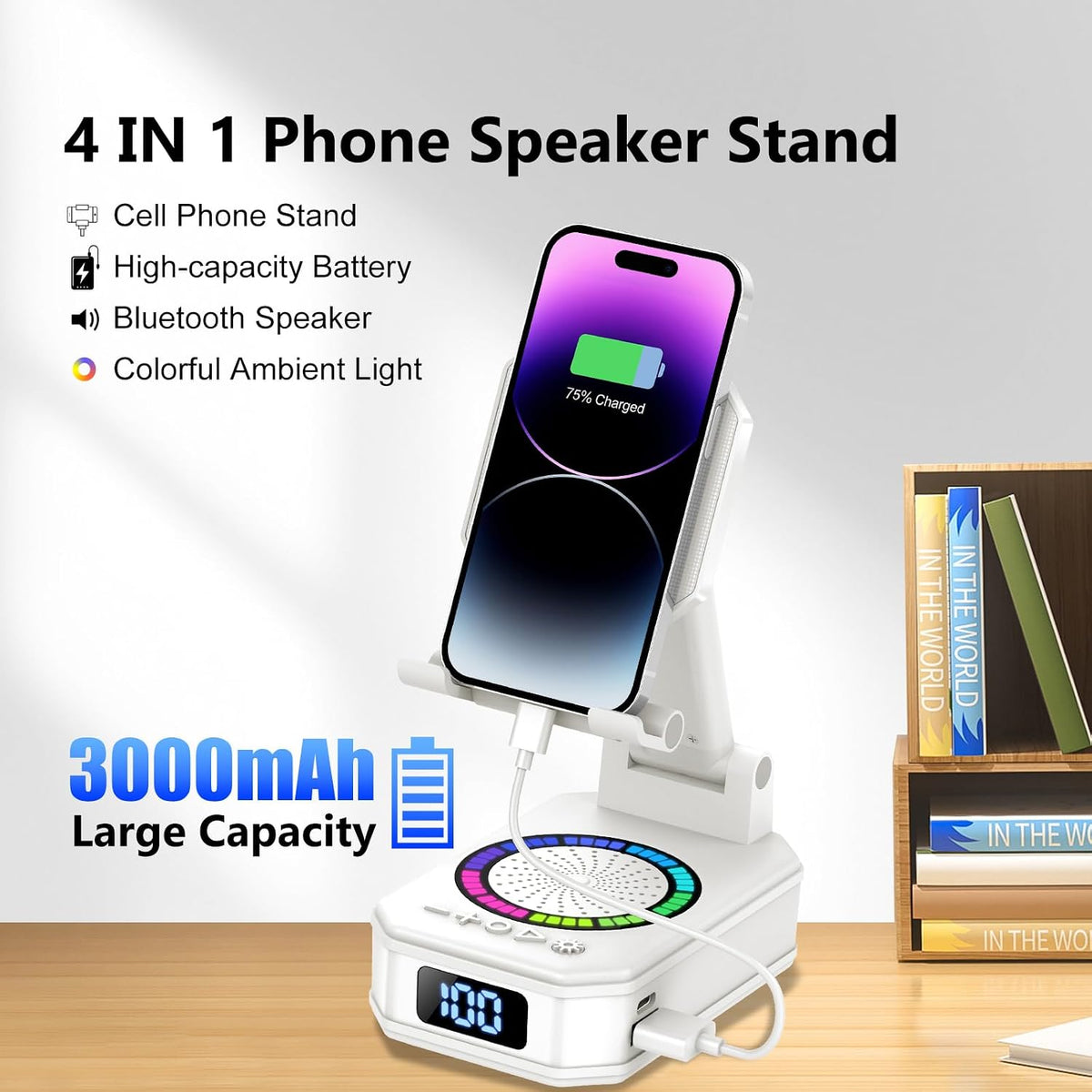 Gifts for Men Women, Phone Stand with Bluetooth Speaker, 4-In-1 Design with 7 RGB, Anti-Slip Base, Foldable Phone Charger Stand with Wireless Speaker, Perfect Tech Gadgets Gift for Mother'S Day, White