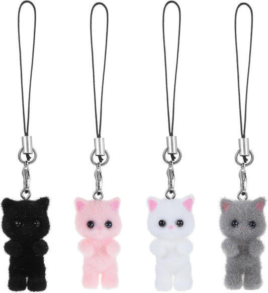 4Pcs Cat Phone Charms Y2K Fluffy Cell Phone Keychain Cat Mobile Phones Pendant for Bag Backpack Keychain Camera Pendants Decor
