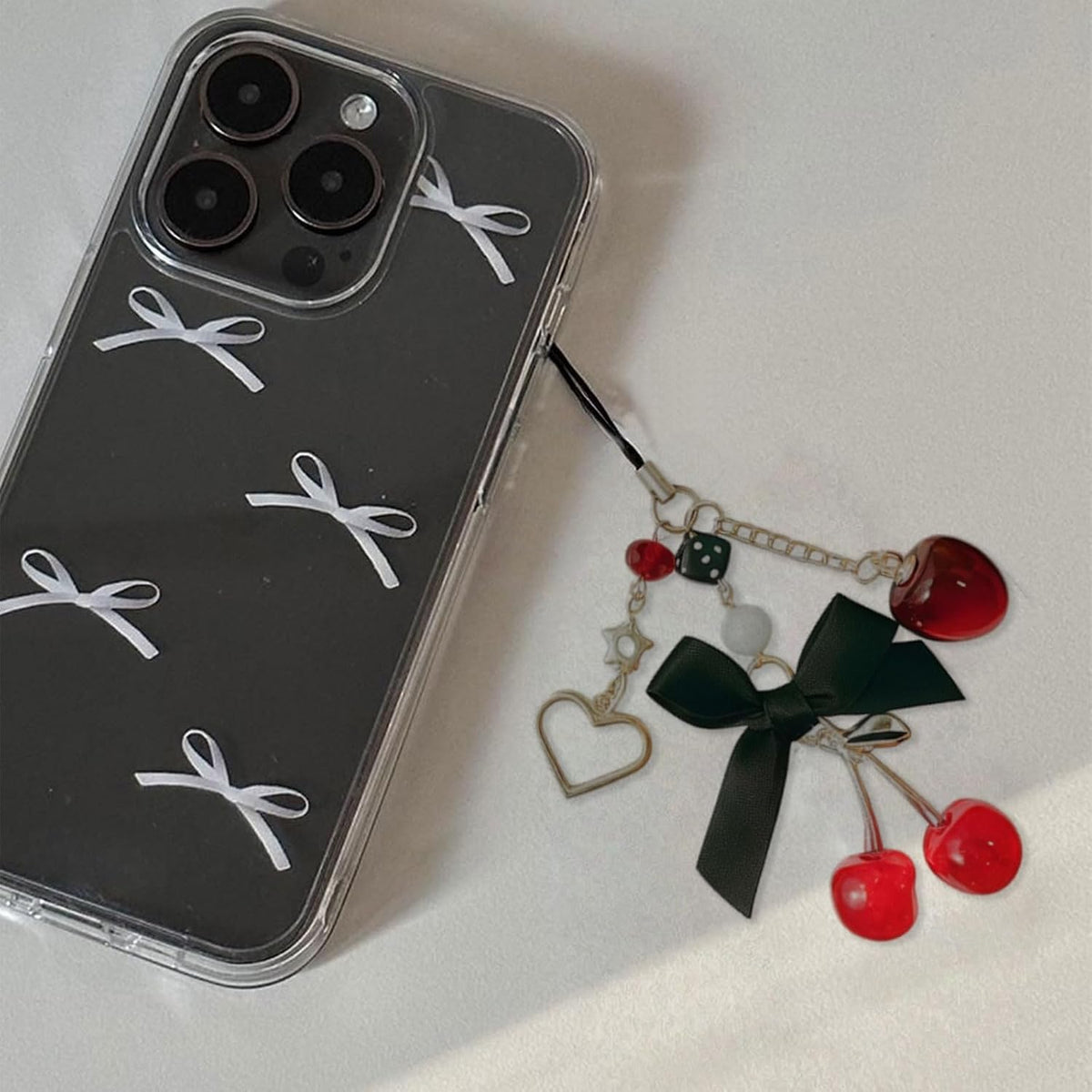 Phone Charm Strap, Cute Cherry Handphone Straps, Aesthetic Pink-Red-Black Blueberry Phone Chain, Y2K Accessories for Camera Keychain Bag Charm Decor Present