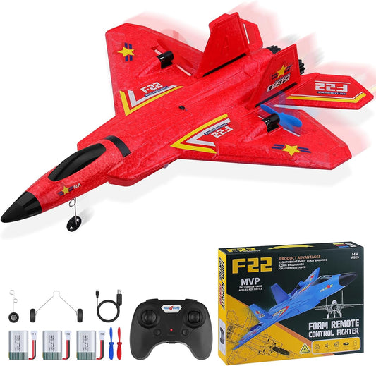 RC Plane F22 Remote Control Plane with 3 Batteries, 2.4Ghz Remote Control Airplane Fighter Toys RC Glider Easy to Fly for Kids Beginners Adults USB Charging (Red)