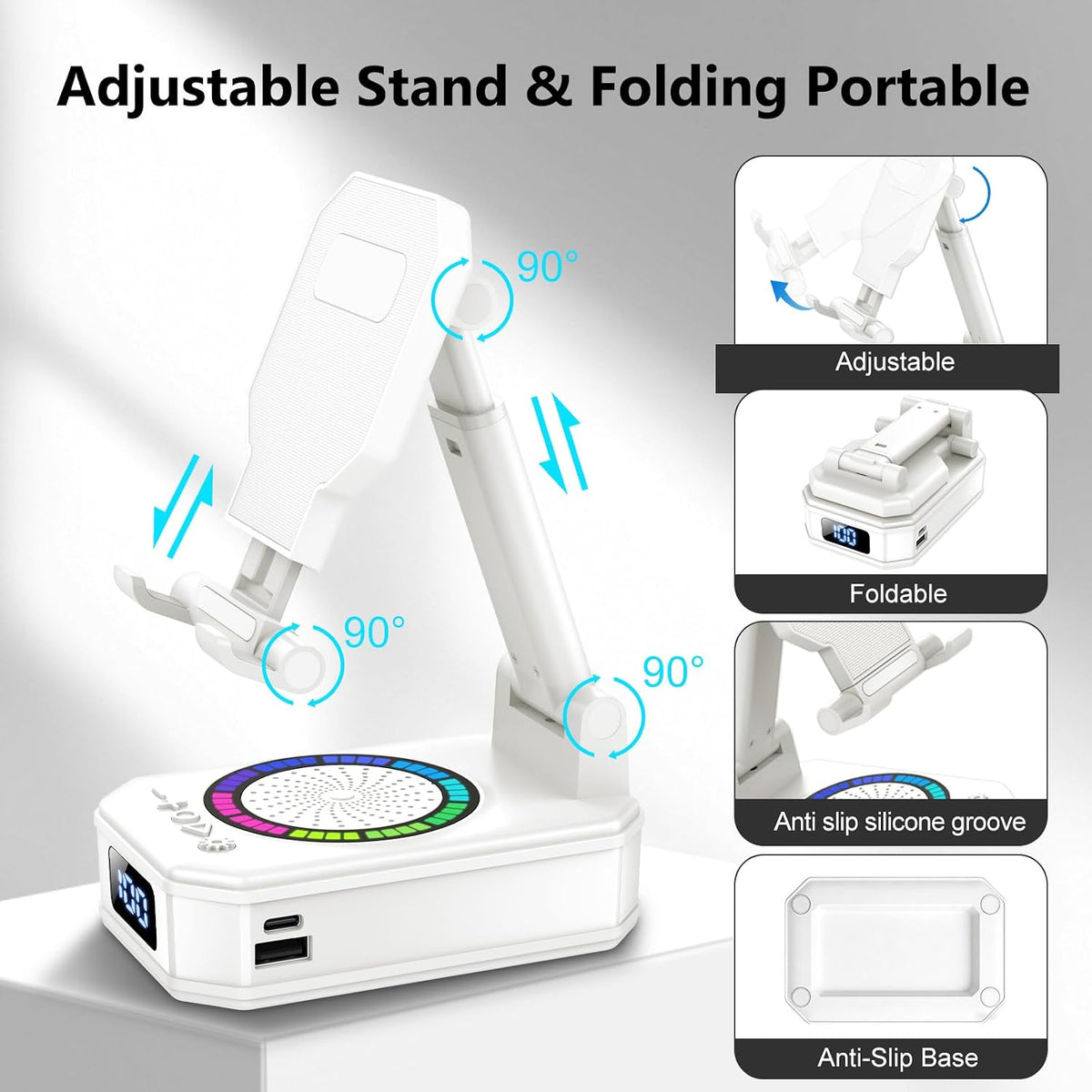 Gifts for Men Women, Phone Stand with Bluetooth Speaker, 4-In-1 Design with 7 RGB, Anti-Slip Base, Foldable Phone Charger Stand with Wireless Speaker, Perfect Tech Gadgets Gift for Mother'S Day, White