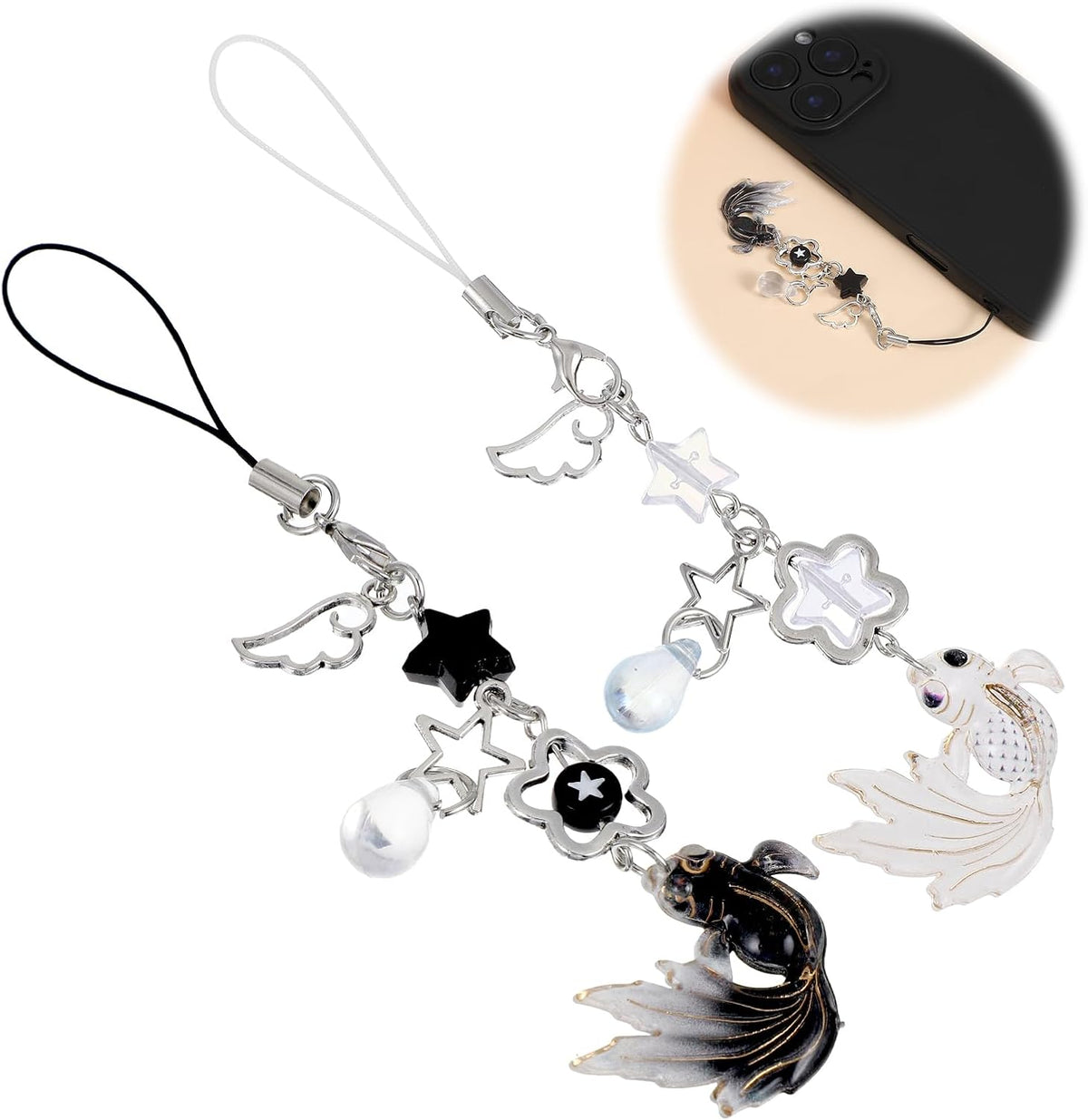 2Pcs Koi Fish Phone Charms, Aesthetic Fish Y2K Keychain, String Rope Charms for Phone Case Camera Bag, Water Drops Stars Wing Lanyard Strap Pendants Phones Decorations(Black+White)
